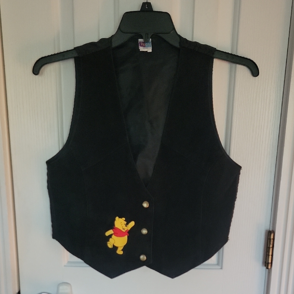 Vintage Black Vest Winnie the Pooh Embroidery Small Medium S M Auede Leather